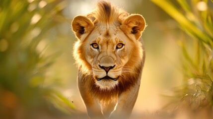 Fototapeta premium Majestic lion roams through lush jungle in search of life-giving water