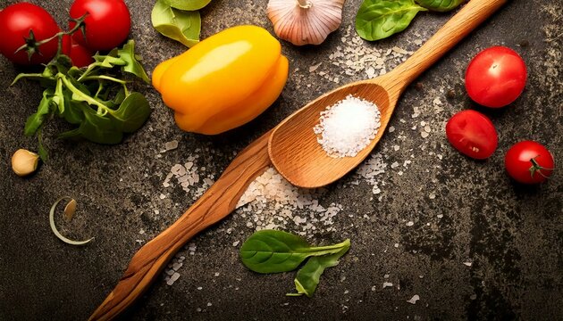 Wooden spoon and ingredients on old background. Vegetarian food,
