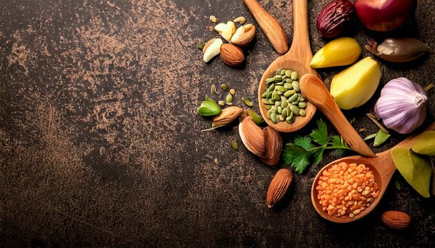 Wooden spoon and ingredients on old background. Vegetarian food,