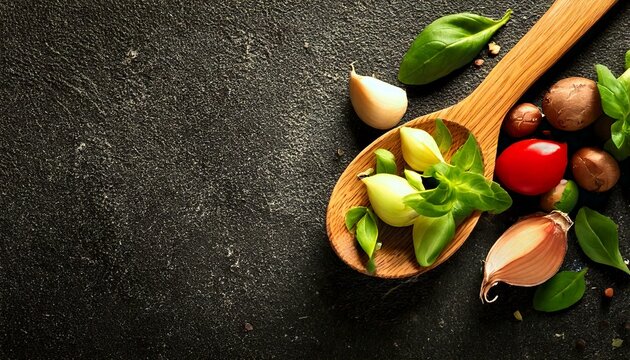 Wooden spoon and ingredients on old background. Vegetarian food,