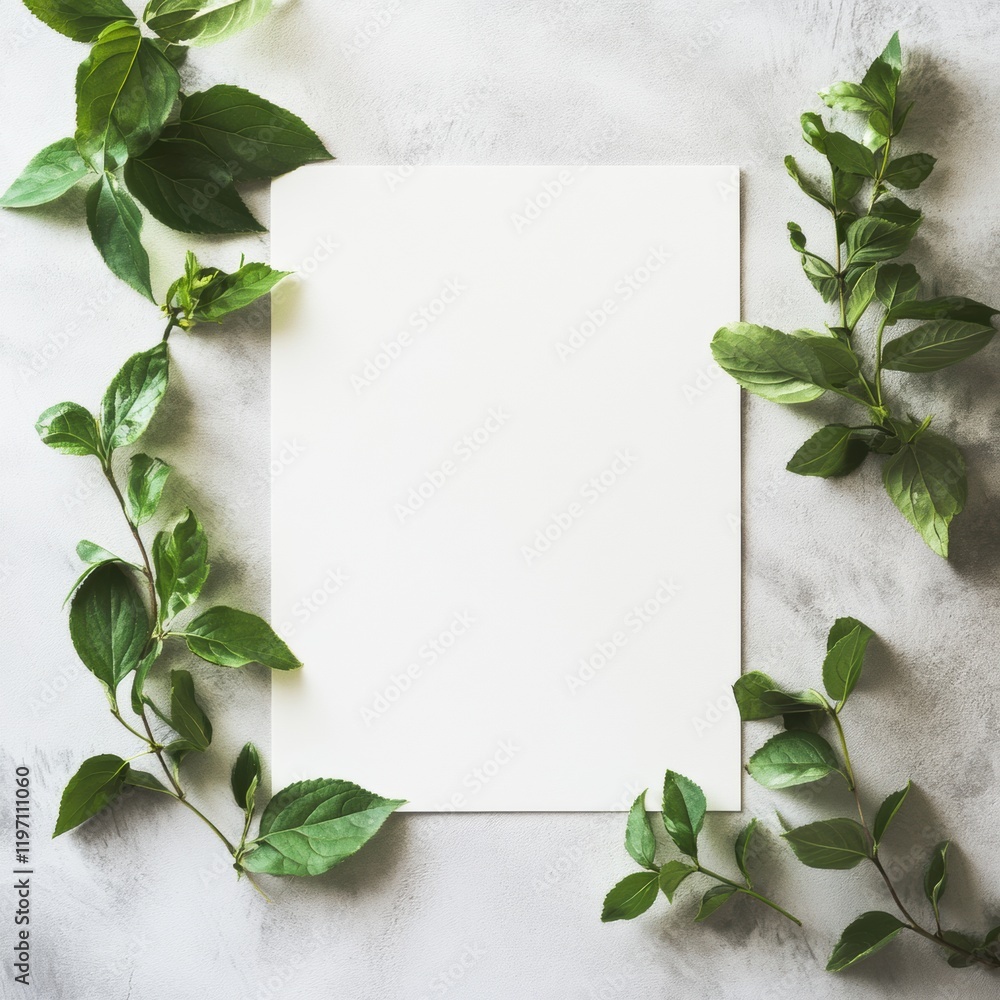 Poster blank paper surrounded by fresh green leaves on a light stone surface for creative mock up purposes.