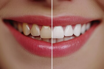 Close-up before and after comparison of a woman's teeth whitening transformation.