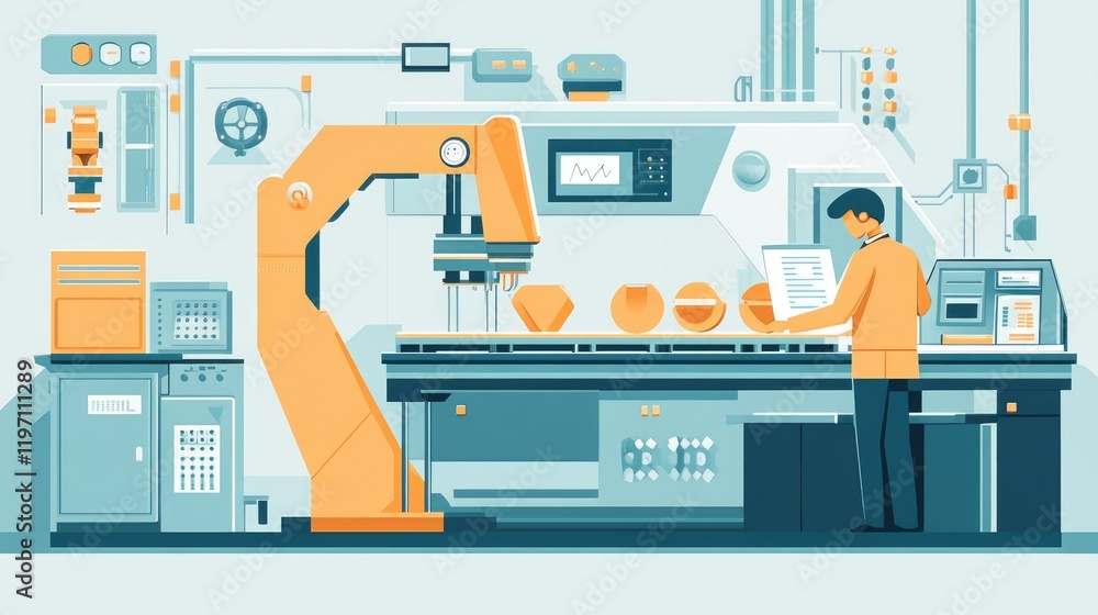 Poster a 3d printer at work creating parts, with a quality control specialist ensuring high standards, repr