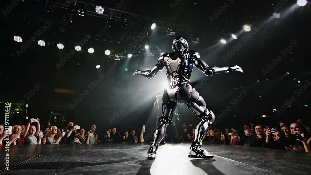 Poster robotic performer showcases advanced movement at technology showcase in nighttime event