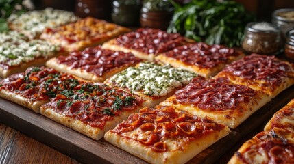Delicious four seasons pizza served on a rustic wooden platter