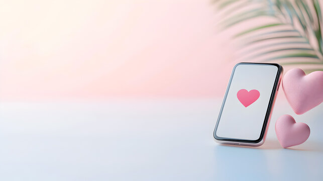 Smartphone with pink heart on screen placed next to two soft pink hearts, ideal for valentine's day promotions or romantic designs. Selective focus