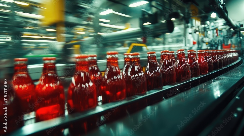 Poster a beverage filling machine at work in a bottling plant, with bottles moving down the production line