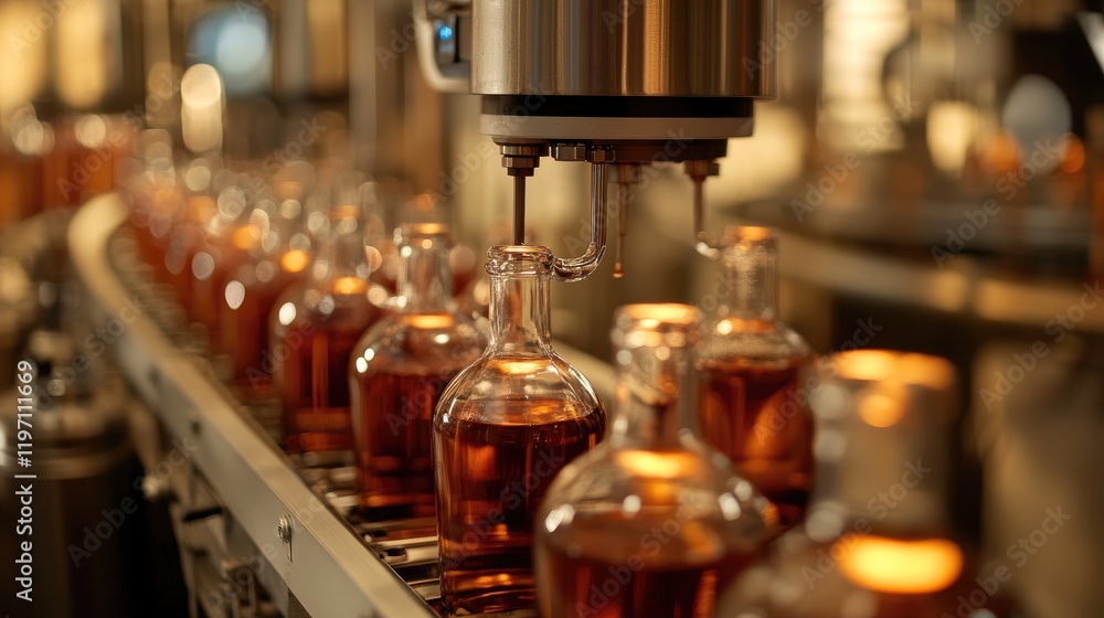 Poster a beverage filling machine at work in a bottling plant, with bottles moving down the production line