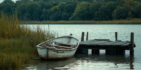 Obraz premium Old boat by lake dock, tranquil scene