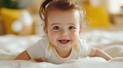 Fototapeta premium Joyful newborn girl crawling on soft bed in sunny bedroom