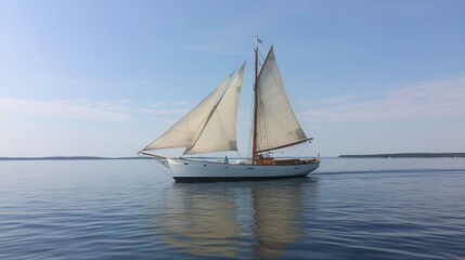 A classic yacht glides smoothly through tranquil waters, its sails billowing softly in the wind beneath a clear blue sky