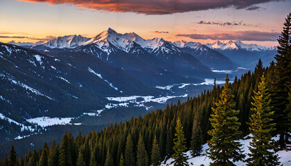 Naklejka premium Lever du soleil sur les montagnes enneigées