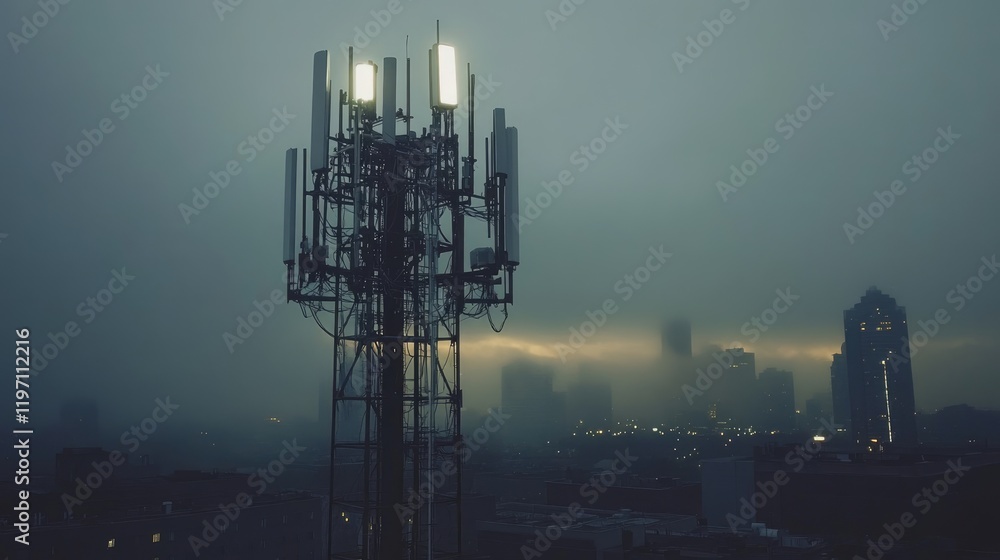 Poster a cell tower network with powerful signals radiating, showcasing the importance of telephony infrast