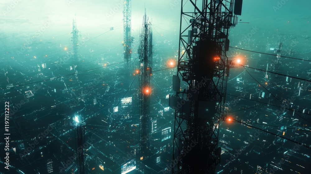 Poster a cell tower network with powerful signals radiating, showcasing the importance of telephony infrast
