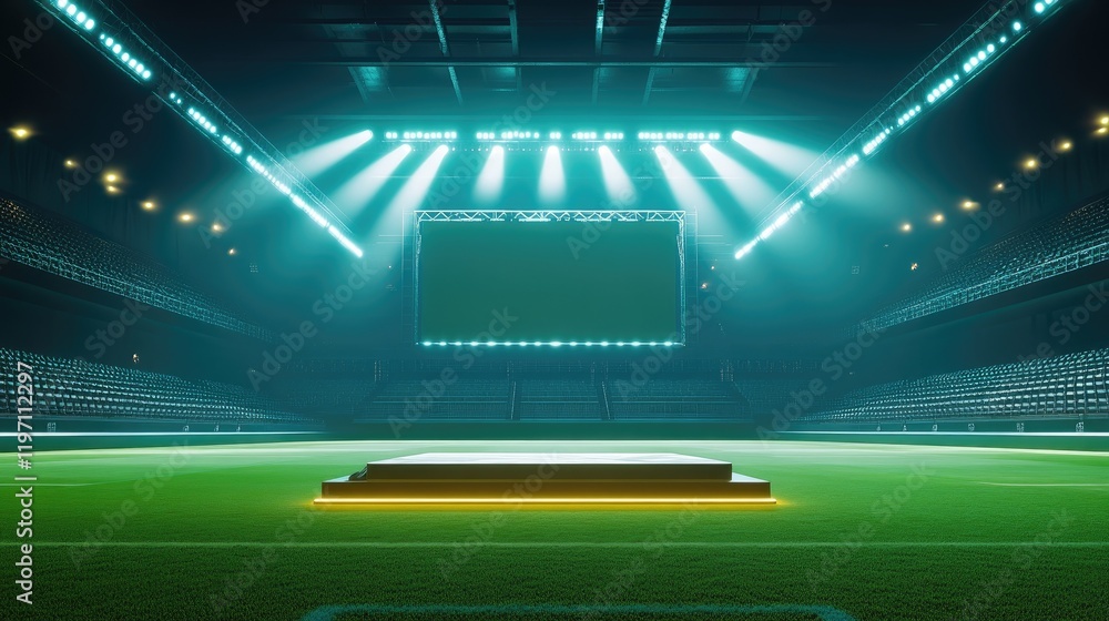 Poster a central product display stage in a stadium, surrounded by empty seats and bright flashes, set on t