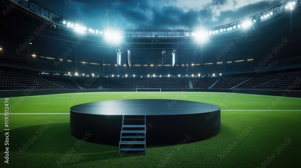 Poster a central product display stage in a stadium, surrounded by empty seats and bright flashes, set on t