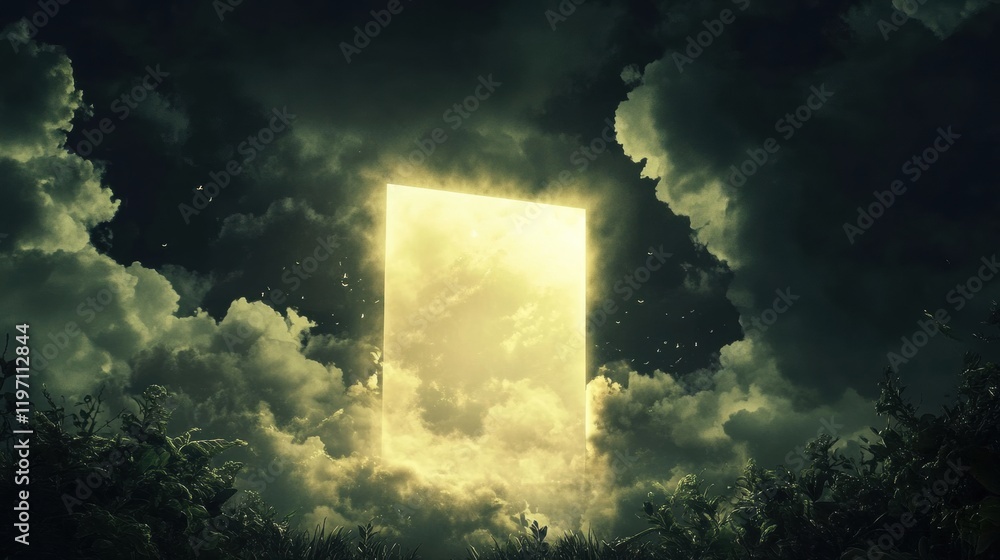 Poster mysterious illuminated doorway in a dark cloud filled sky inviting exploration and adventure. genera