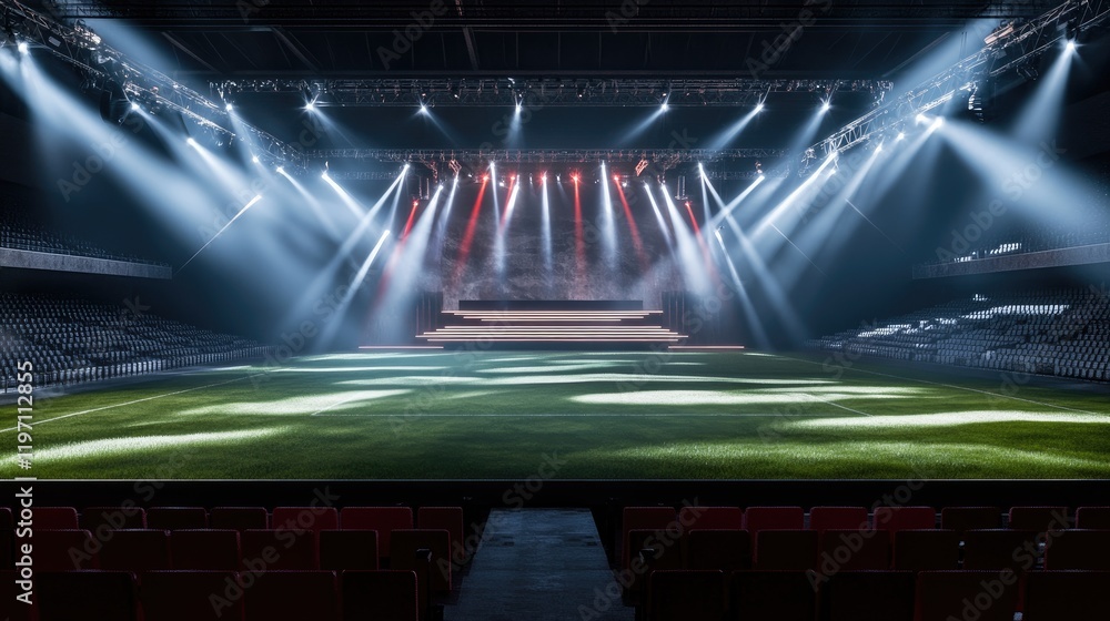 Poster a central stage surrounded by vacant seats and flashes of light in a stadium, designed for showcasin