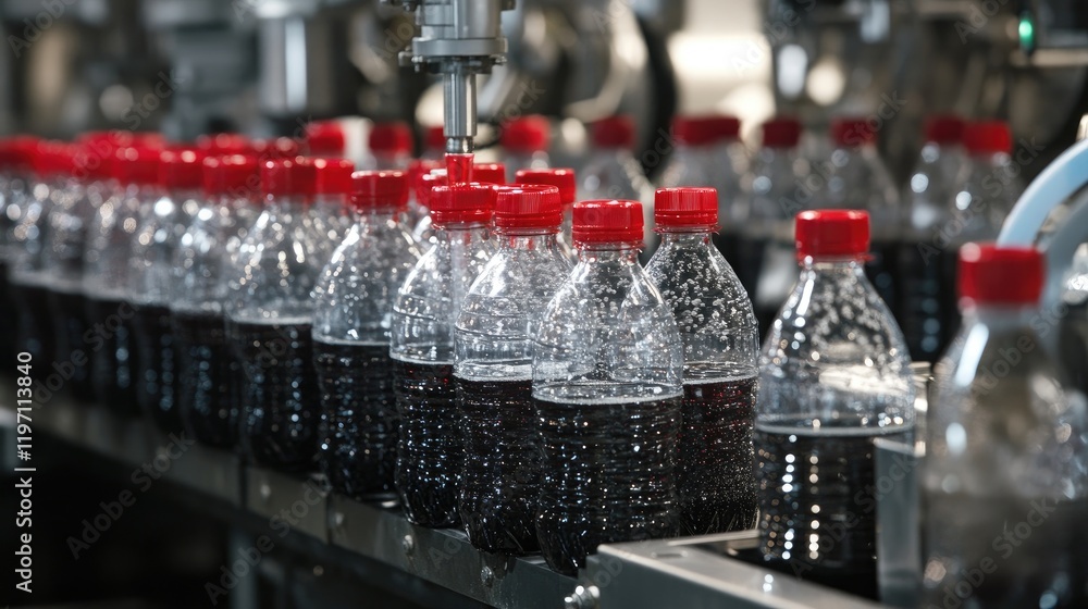 Poster a close-up of bottles being filled by a beverage filling machine on a production line, illustrating 
