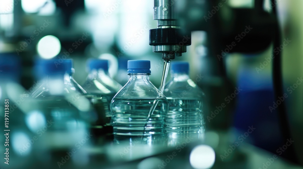 Aufkleber a close-up of bottles being filled by a beverage filling machine on a production line, illustrating 