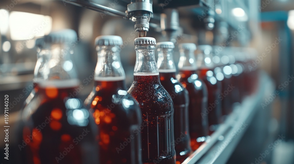 Poster a close-up of bottles being filled by a beverage filling machine on a production line, illustrating 