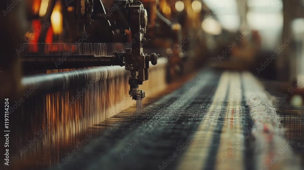 Poster a close-up of textile weaving machines working in a modern textile mill, creating fabric, with focus