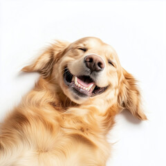 Funny golden retriever lying on its back with happy goofy grin smile on white background