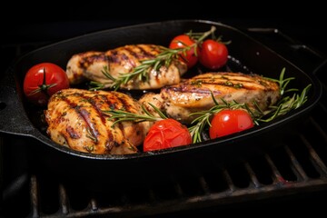 Grilled chicken breasts with fresh veggies tomatoes and rosemary twigs