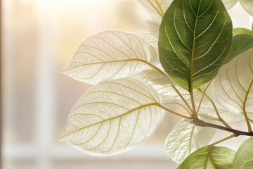 Fototapeta premium Delicate leaves illuminated by sunlight creating a serene indoor atmosphere