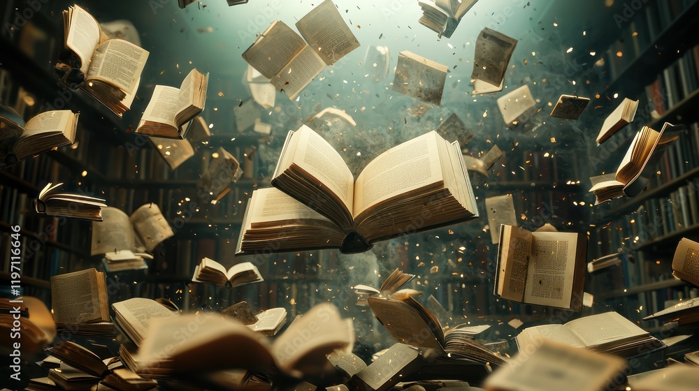 Poster a magical scene of floating books in a library, creating an enchanting atmosphere filled with knowle