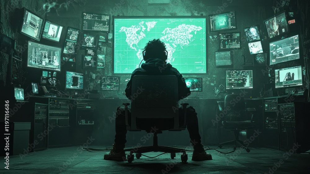 Aufkleber a dark, atmospheric scene featuring a figure in a chair, surrounded by multiple screens displaying d