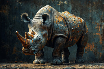 Fototapeta premium metallic textured rhino art: abstract 3d steampunk digital rendering of rusty industrial rhinoceros against dark background