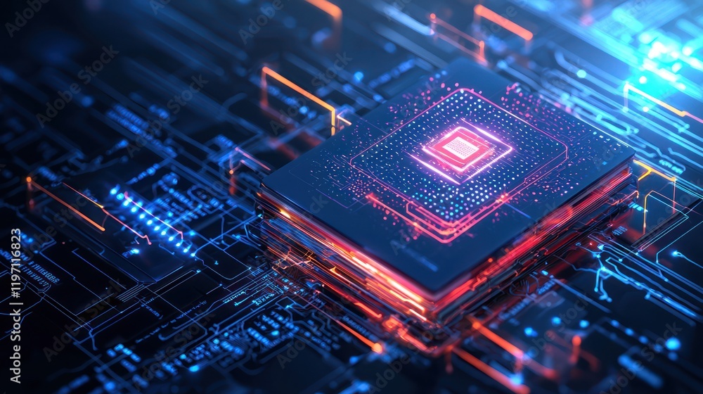 Poster a vibrant, high-tech close-up of a microchip on a circuit board, showcasing intricate details and gl