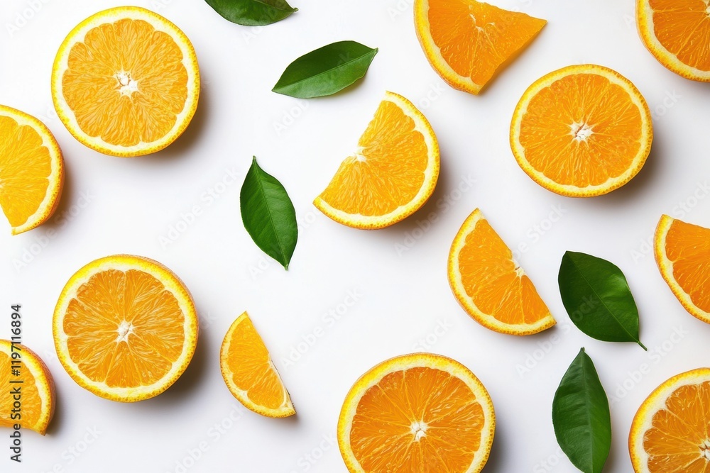 Aufkleber slices of fresh orange and vibrant green leaves arranged with space for text and design elements. ge