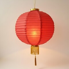 Obraz premium Minimal red paper lantern with golden tassels glowing softly, suspended against a clean background