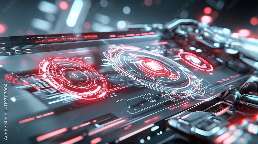 Aufkleber a futuristic digital interface featuring glowing red elements and intricate patterns, set against a 