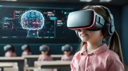 A young girl wearing a VR headset in a classroom, engaged in virtual learning, with a digital brain graphic displayed behind her.