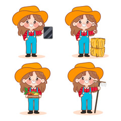 Set of woman farmer character working in the farm. Vector premium character.