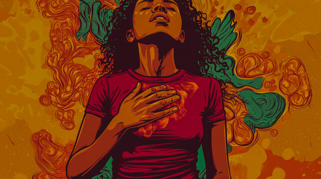 Young woman suffering from acid reflux disease experiences symptoms such as gastroesophageal reflux, esophageal irritation, stomach ache, and heartburn, holding her chest in pain due to digestive issu