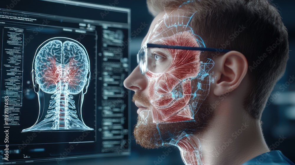 Poster a man examines a digital display showing an anatomical breakdown of the human head and brain, highli