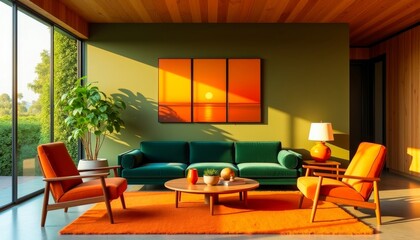 Mid-century modern living room with sunset artwork, green sofa, and orange armchairs.  Sunlight streams through large windows.