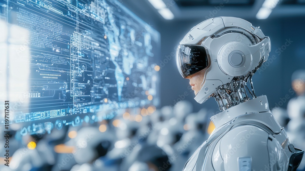 Poster a futuristic robot stands in a tech-savvy environment, surrounded by data displays and other robotic