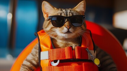 A cat in a lifeguard outfit, with sunglasses, a whistle, and a rescue tube.