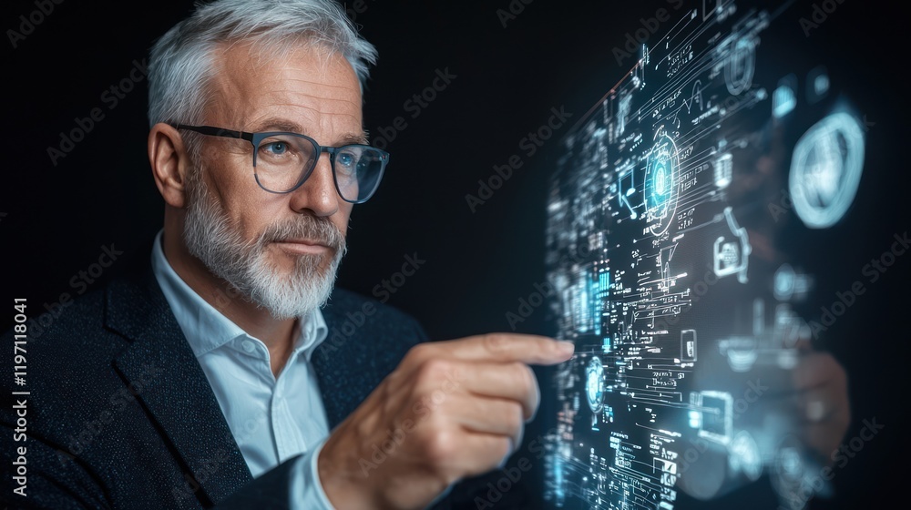 Poster a mature man interacts with a digital interface displaying technology icons and data, suggesting adv