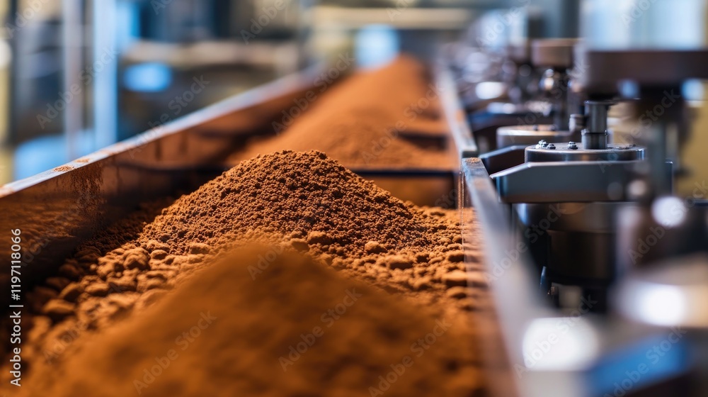 Poster A detailed shot of a factory production line with containers of cocoa powder being processed, highlighting the efficiency of cocoa production in a modern industrial setting