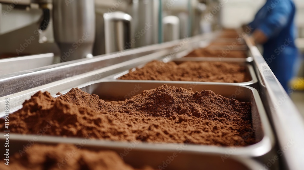 Poster A detailed shot of a factory production line with containers of cocoa powder being processed, highlighting the efficiency of cocoa production in a modern industrial setting