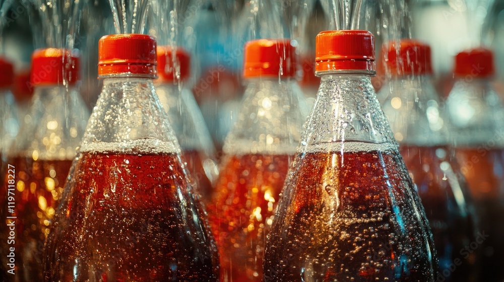 Poster a detailed shot of bottles moving through a beverage filling machine, capturing the industrial proce
