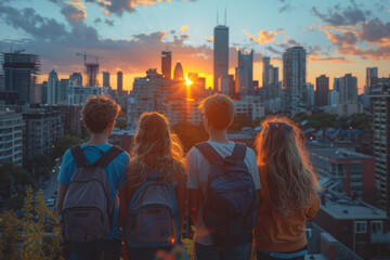 Trendy Kids Enjoy Sunset View From Rooftop With City Skyline