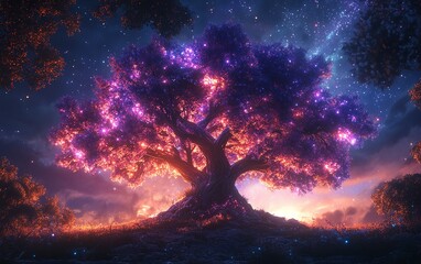 Obraz premium A majestic tree with radiant, glowing branches under a sparkling starry sky, vibrant colors, highdefinition details, ethereal atmosphere, hyperrealistic textures