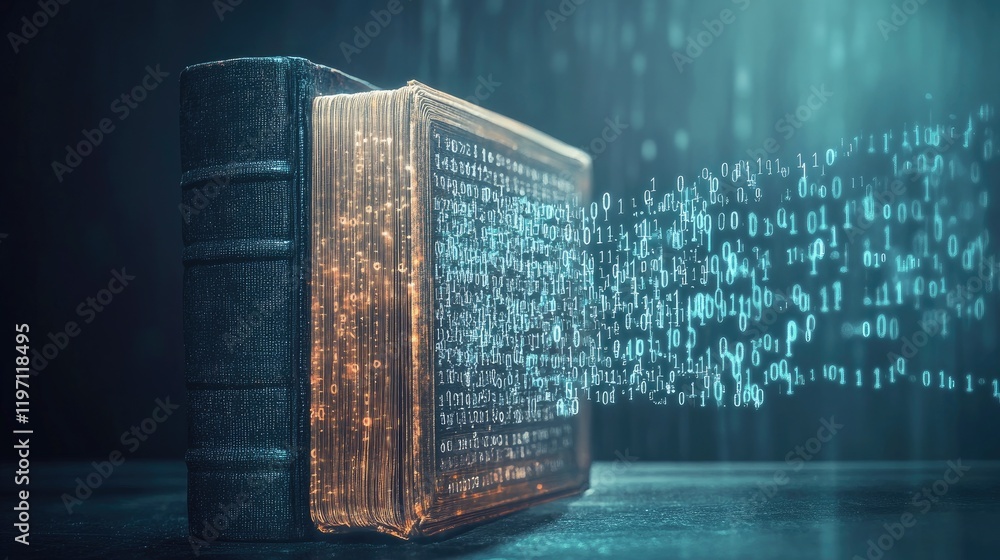Poster A digital transformation of a law book, with binary code streaming from it, symbolizing the evolution of legal literature into the digital era